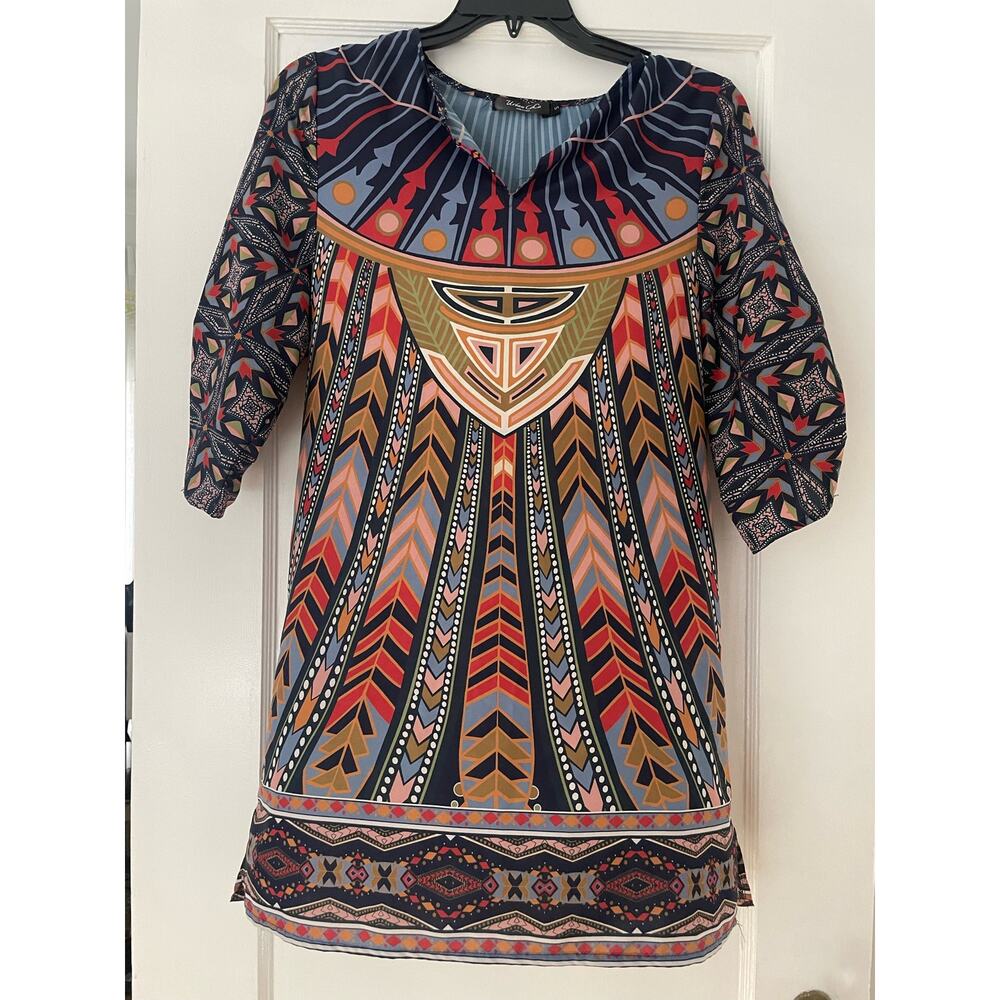 Urban CoCo Women's Retro Bohemian Print Shift Tunic Dress Feather Colorful Small